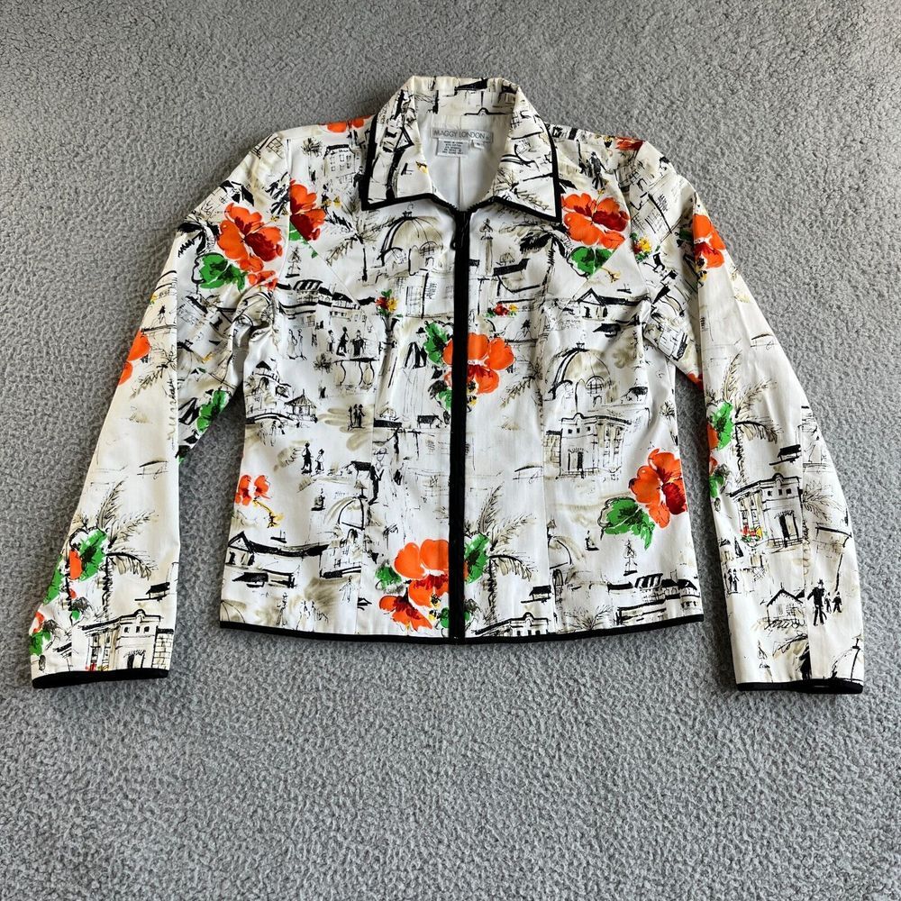 New Maggy London Blazer Womens 6 White Floral‎ Jacket Chic Designer Urban Zipper